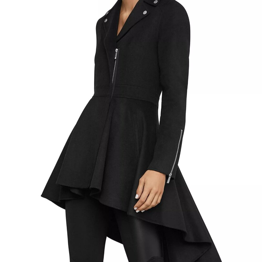 BCBGMaxAzria Elegant Black Samara Wool Blend Peplum Overcoat Front Zip XS